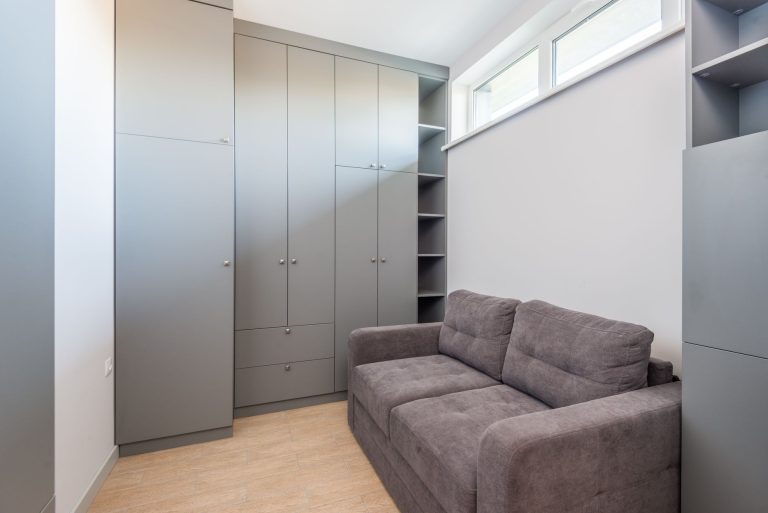 Petit salon aménagé avec un grand placard encastré gris et un canapé, exemple de rangement d'un petit appartement
