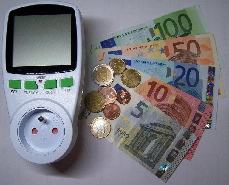 Un wattmètre branché sur une prise française posé à côté de billets et de pièces en euros
